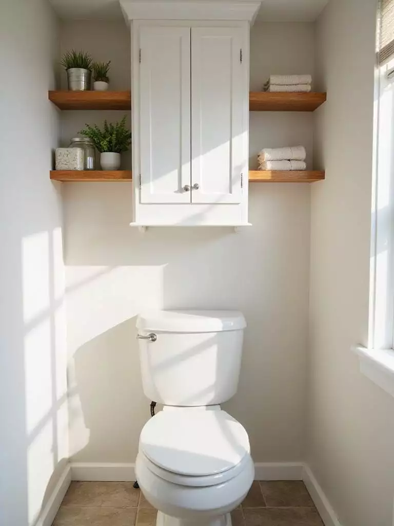 Bathroom over-toilet storage: open wooden shelves with decorative items versus a white shaker cabinet.