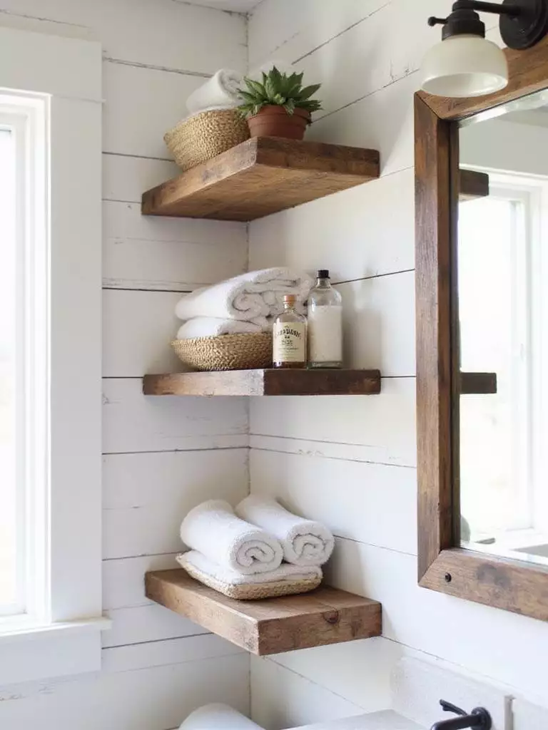 Rustic bathroom with reclaimed wood open shelving displaying towels, baskets, and decorative items.