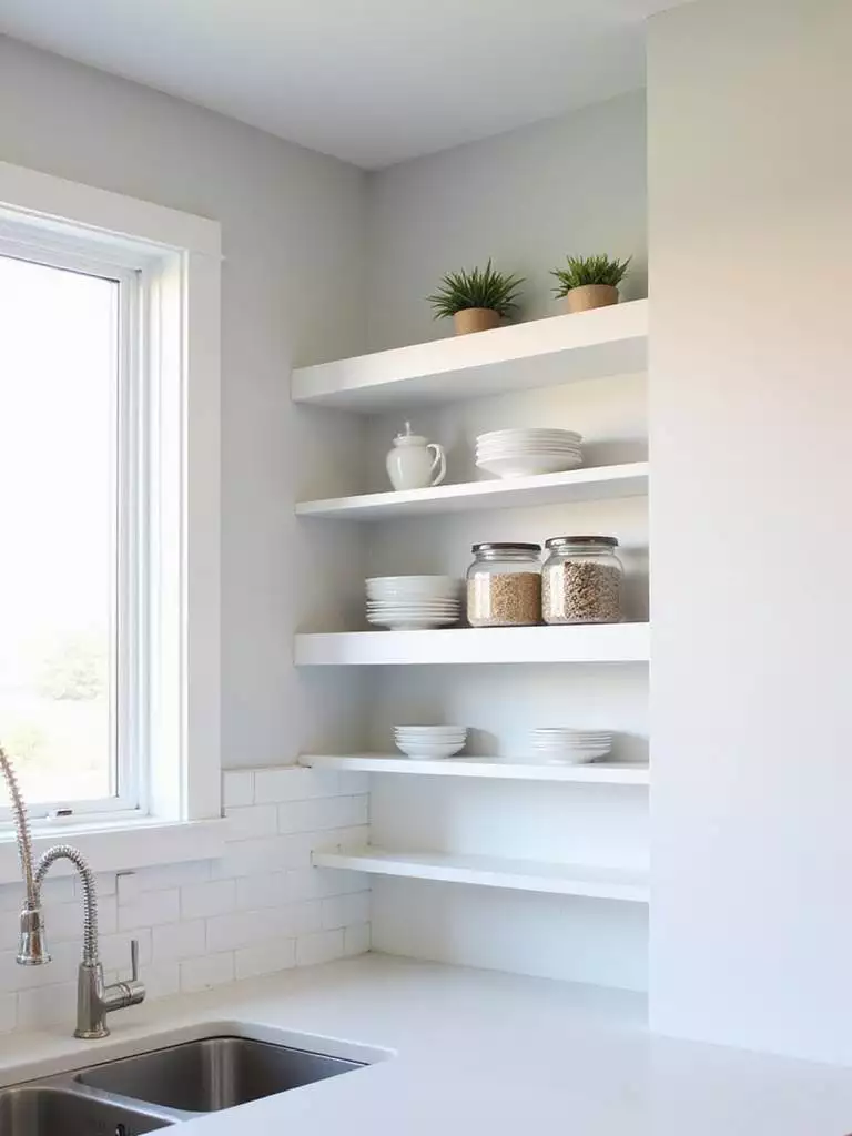 Contemporary kitchen with white open shelving and light gray painted wall backsplash.
