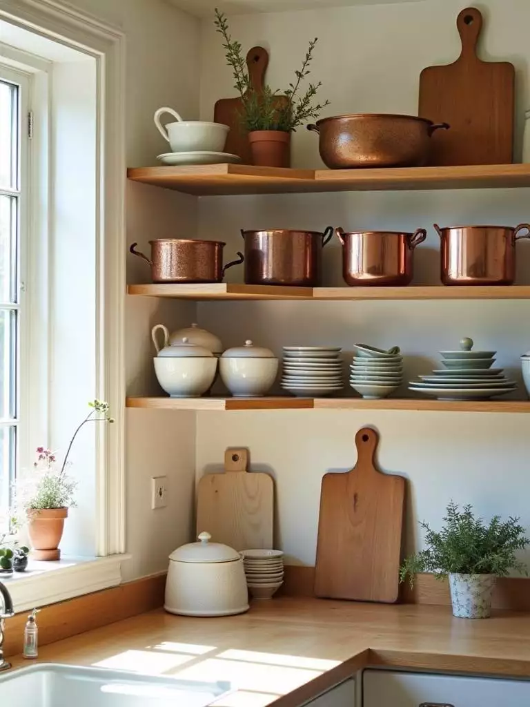 Open kitchen shelves displaying curated kitchenware and decor, creating a visually appealing vignette.