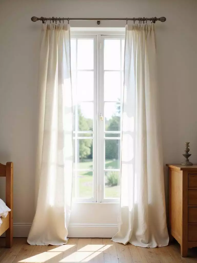 Farmhouse bedroom with light cream linen curtains filtering sunlight