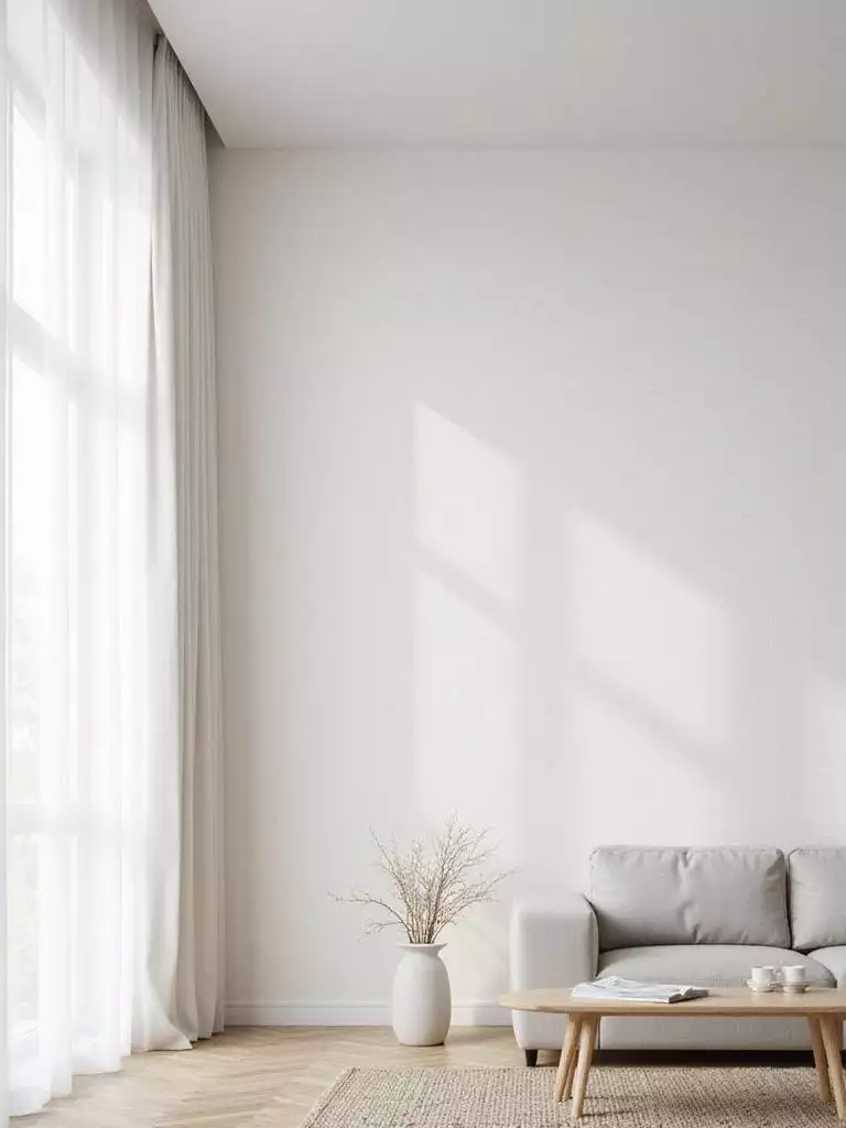 Minimalist living room featuring subtle linen textured wallpaper in off-white.