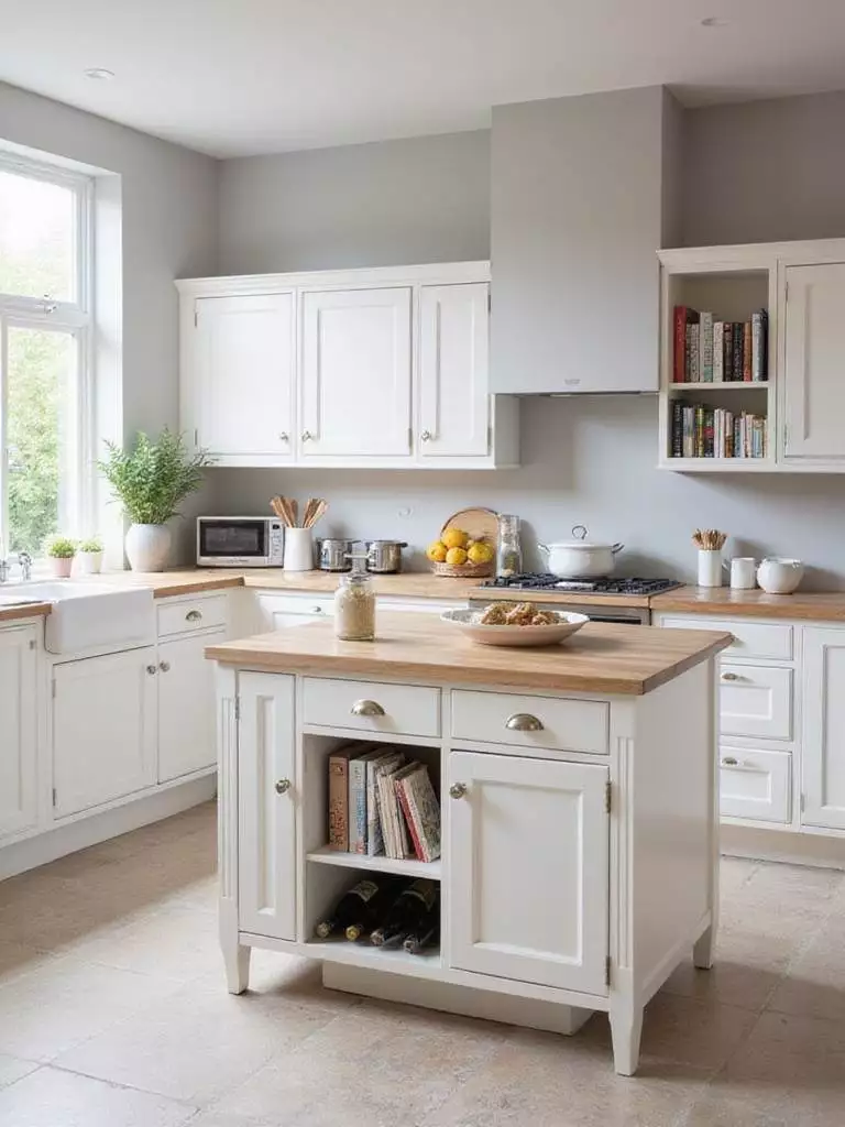 Small kitchen featuring a multi-functional kitchen island with built-in storage drawers, shelves, and wine rack.