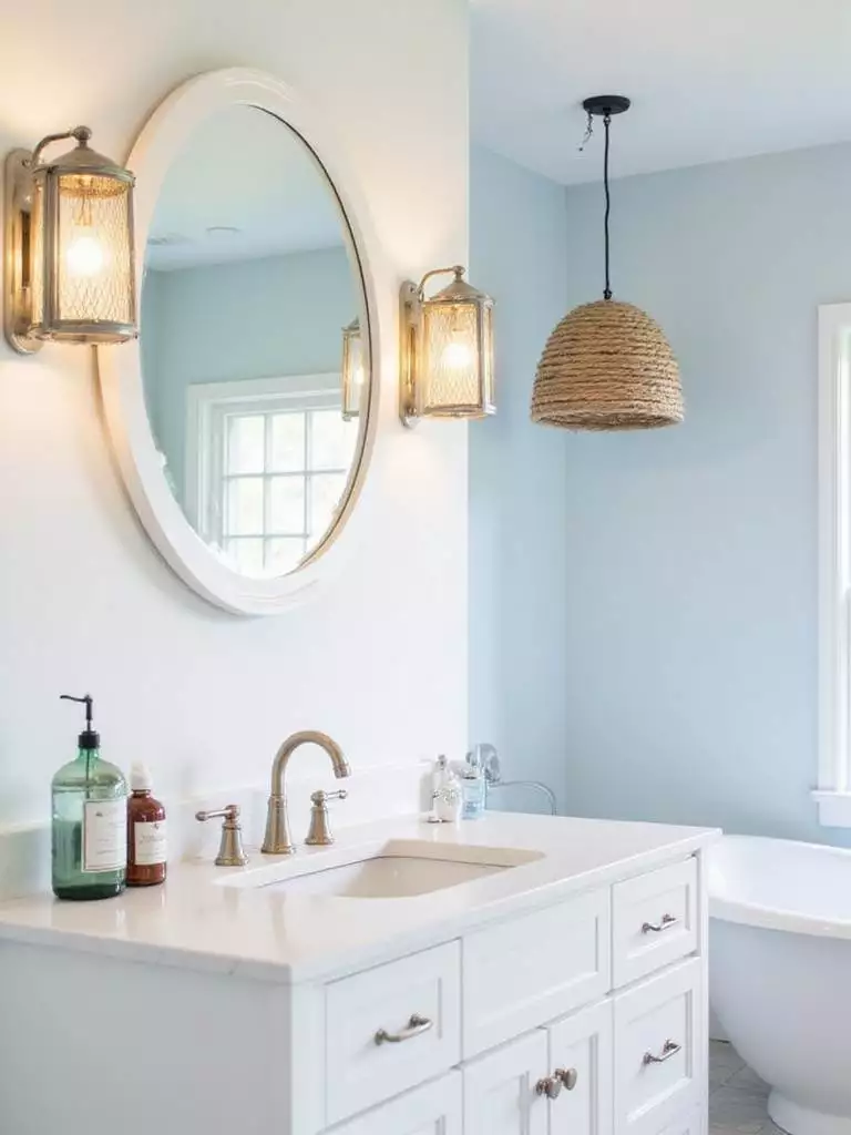 Coastal bathroom design featuring brushed nickel lantern sconces and a rope-wrapped pendant light.