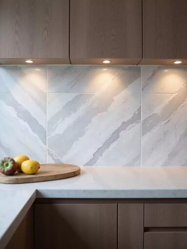 Contemporary kitchen with geometric patterned backsplash
