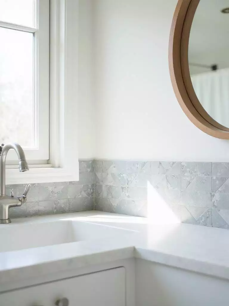 Modern bathroom backsplash featuring geometric peel-and-stick tiles.