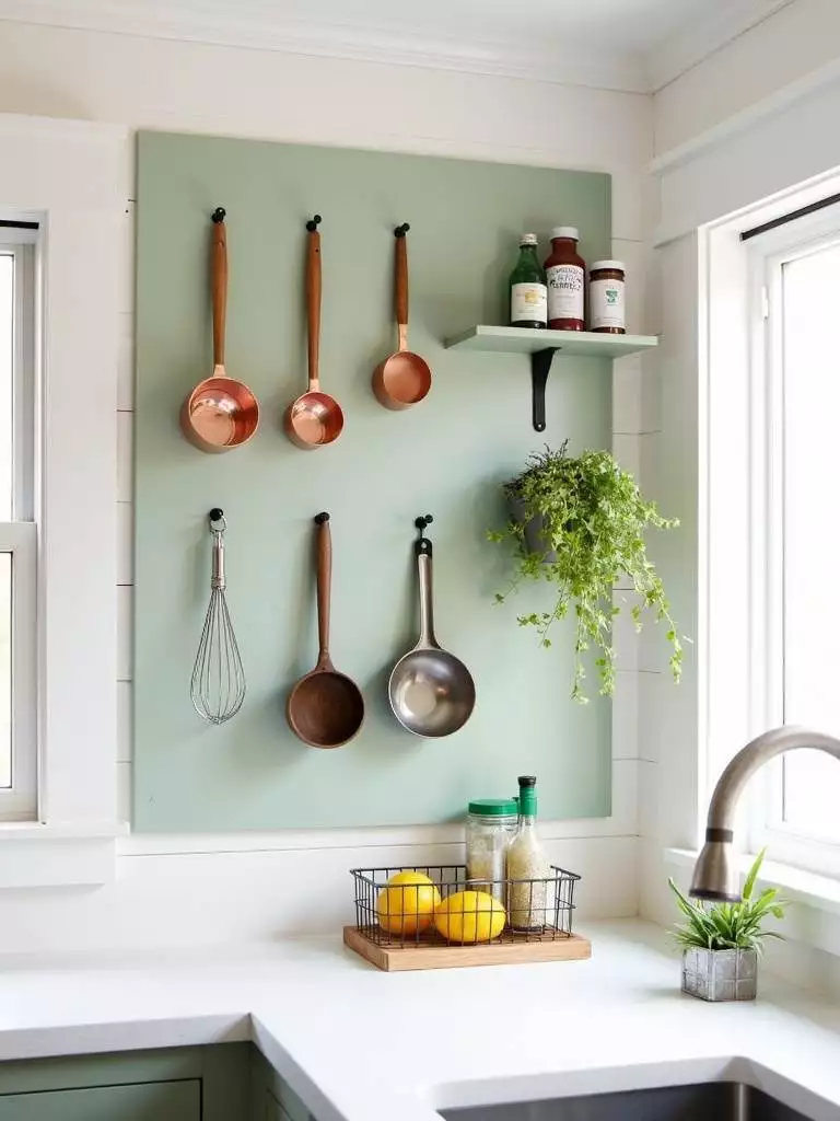 Stylish sage green pegboard organizer on a kitchen wall with copper measuring cups, herbs, and spice jars.