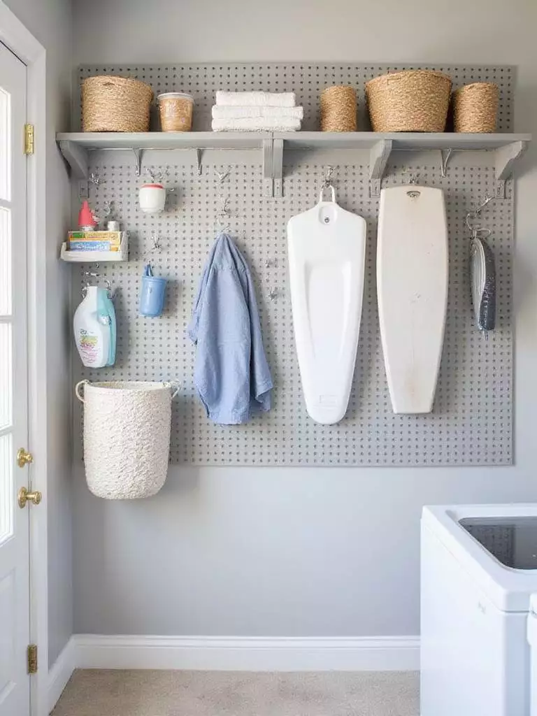 Laundry room pegboard organization with ironing board, detergents, and towels.