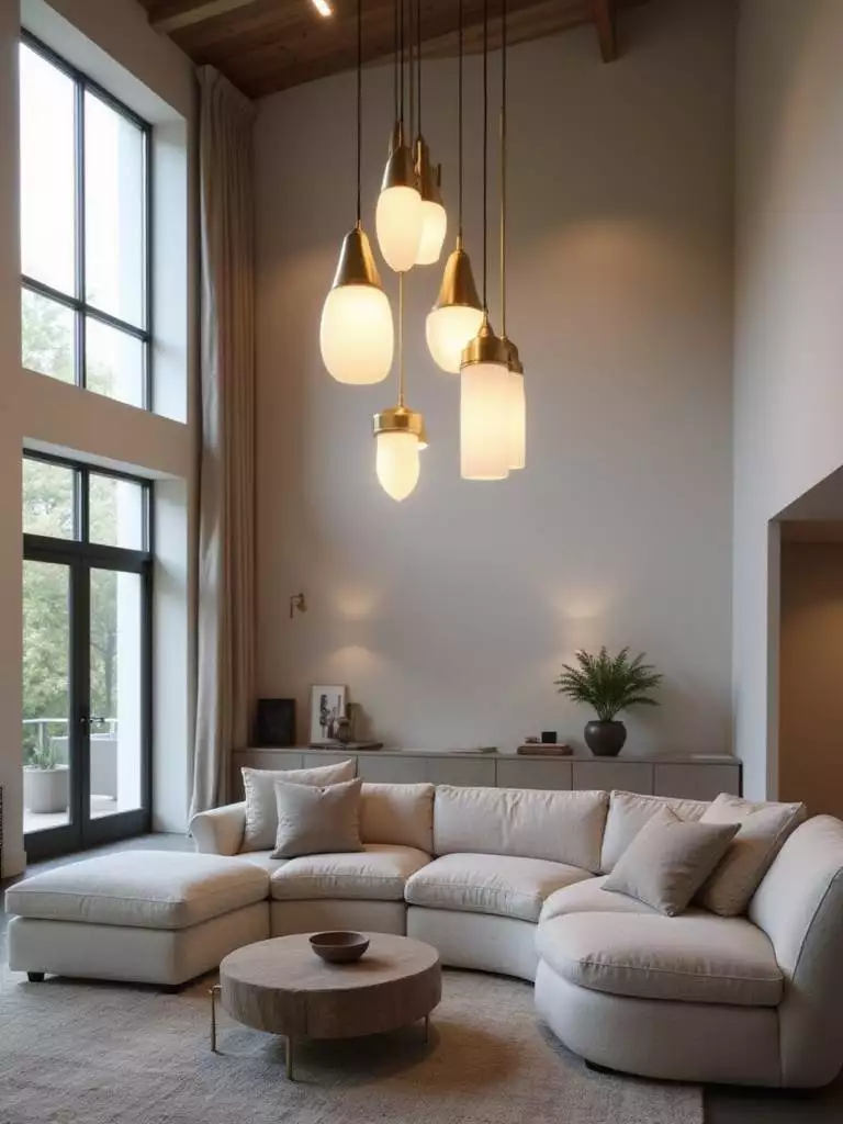 Living room with modern sectional sofa and cluster of brass and frosted glass pendant lights