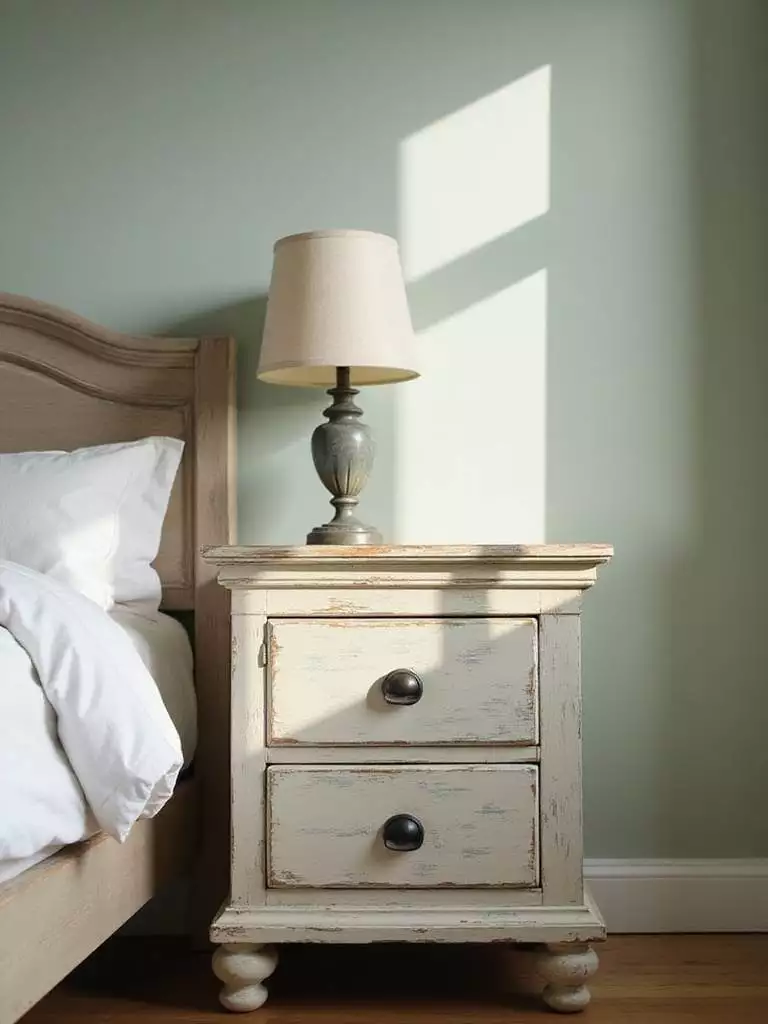 Distressed wooden nightstand in a farmhouse bedroom