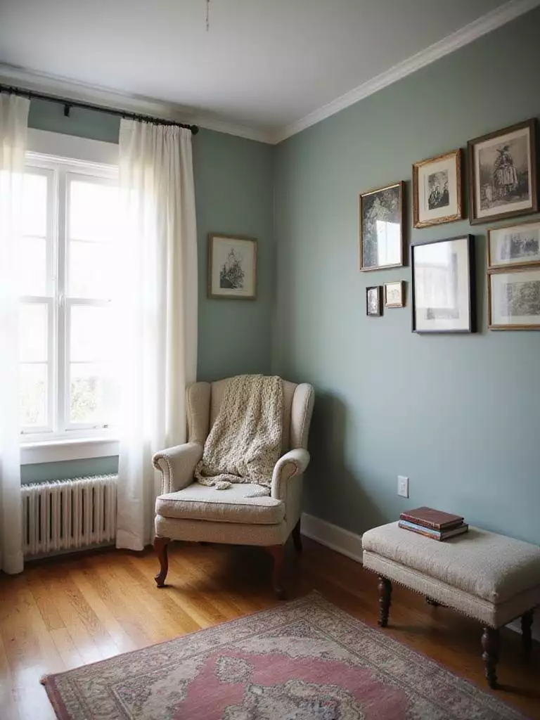 Personalized bedroom decor showcasing gallery wall, vintage rug, and calming color palette.