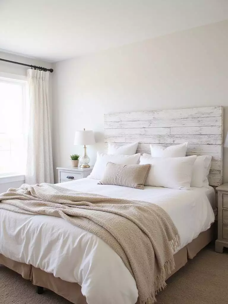 Farmhouse bedroom with a DIY pallet wood headboard