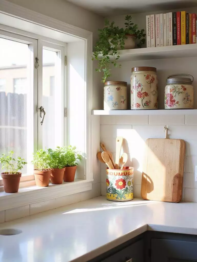 Small kitchen with personalized décor, including herbs, cookbooks, and colorful utensils.