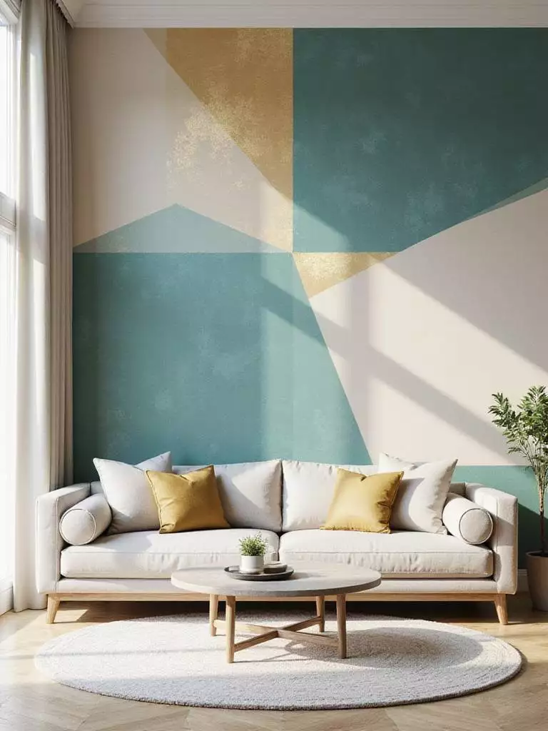 Living room with large-scale geometric wallpaper in teal, gold, and cream.