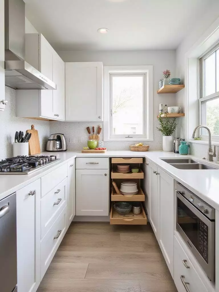 Small kitchen design prioritizing functionality with pull-out shelving and efficient appliances