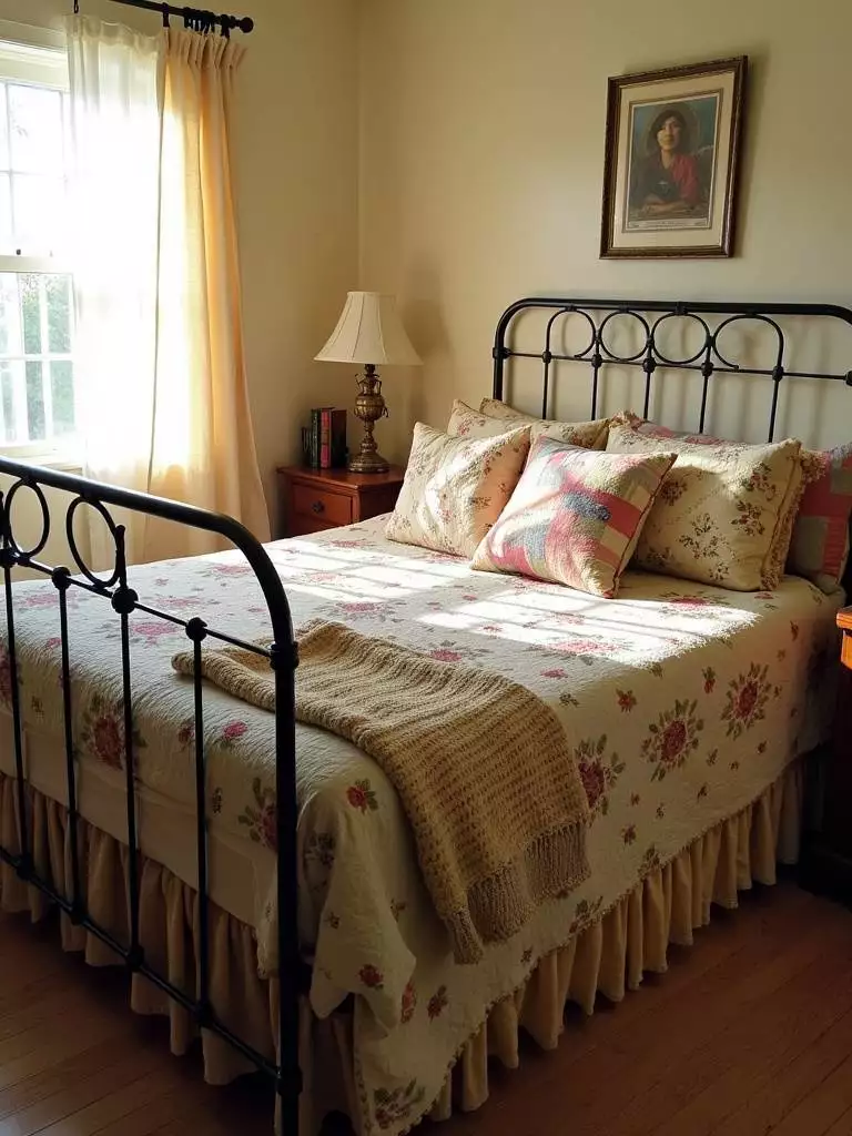 Vintage bedroom with layered vintage quilts and throws on a wrought-iron bed.