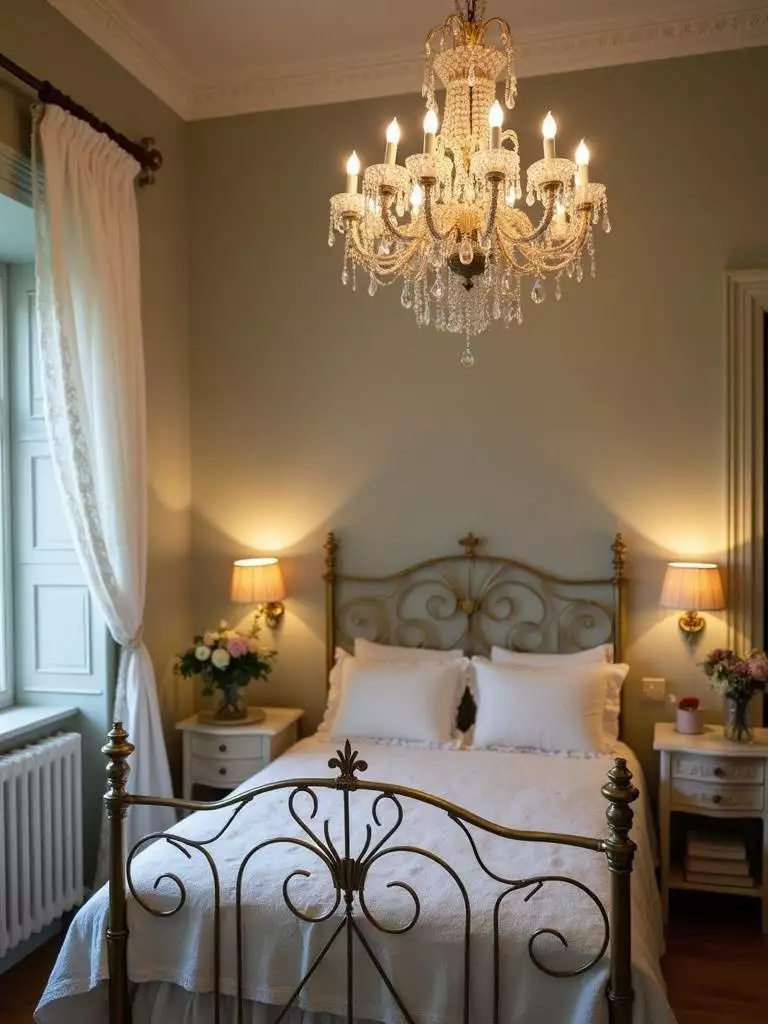 Vintage bedroom with crystal chandelier and ornate lighting creating a dreamy atmosphere