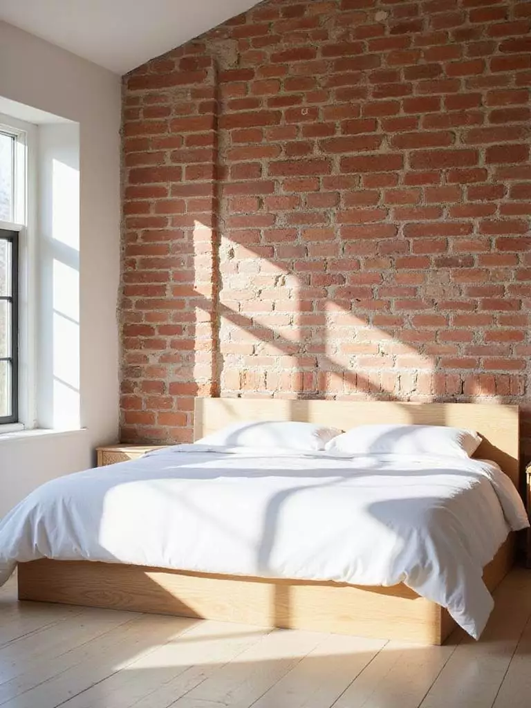 Farmhouse bedroom with exposed brick wall and white linen bedding.