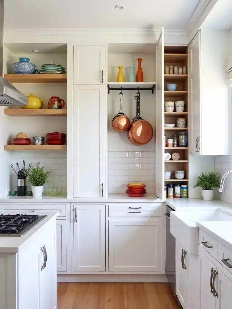 Small kitchen design with vertical storage solutions, including tall cabinets, open shelving, and a pot rack.
