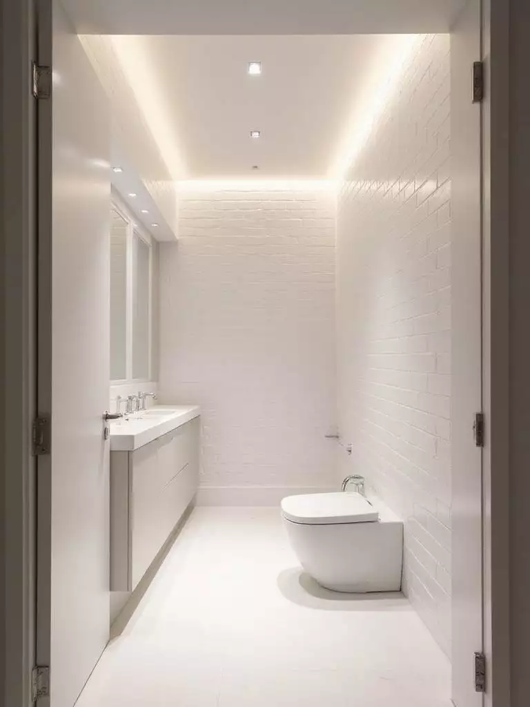 Modern bathroom with recessed ceiling lights providing clean and even illumination