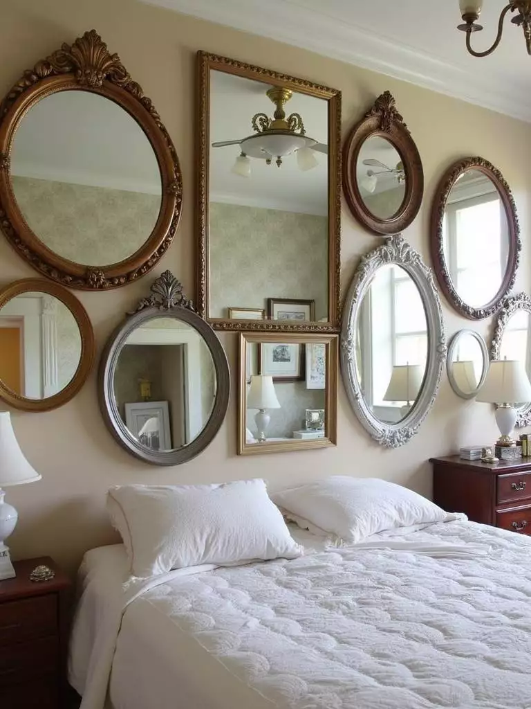 Vintage bedroom featuring a gallery wall of antique mirrors reflecting the room’s decor.