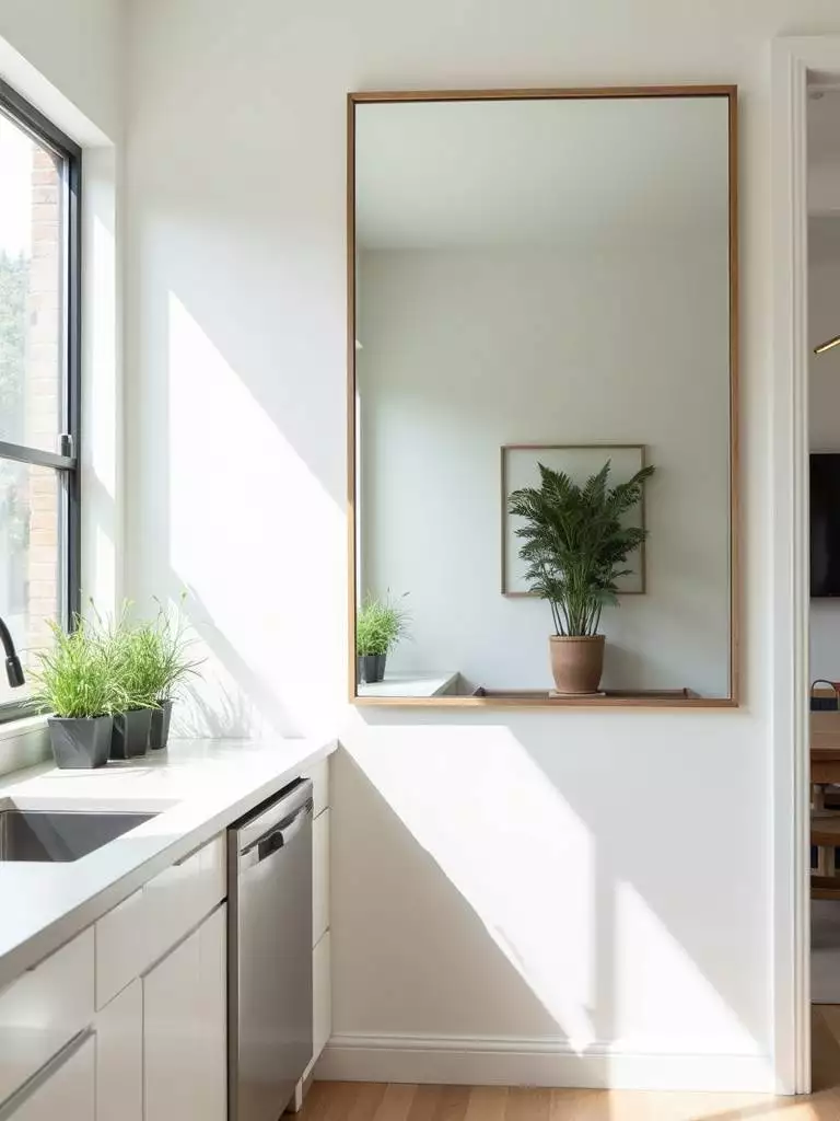 Modern kitchen with a strategically placed mirror reflecting light and expanding the space.