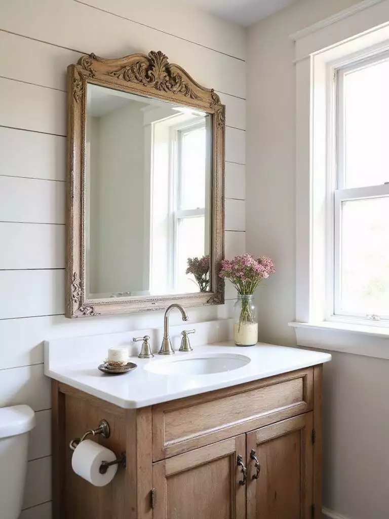 Vintage-inspired mirror with distressed wooden frame above a farmhouse vanity in a bathroom.