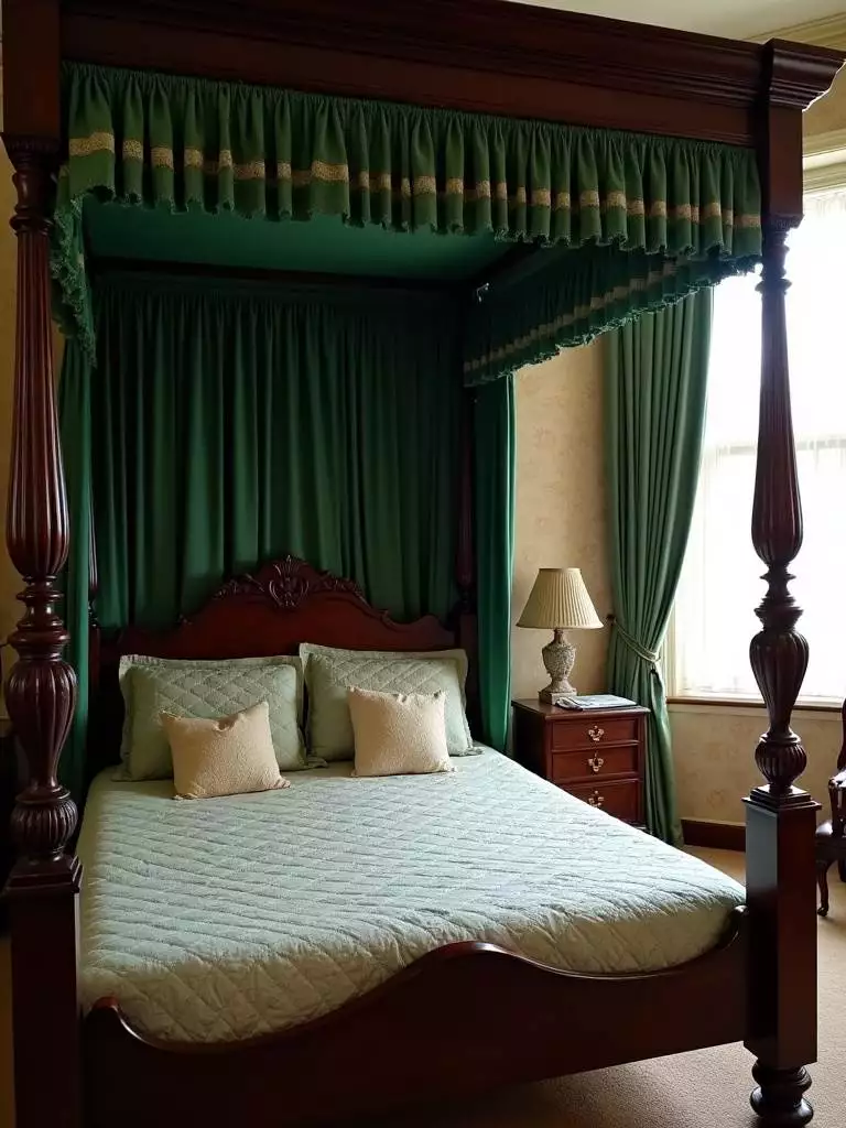 Vintage bedroom with a regal mahogany canopy bed draped in emerald green velvet.