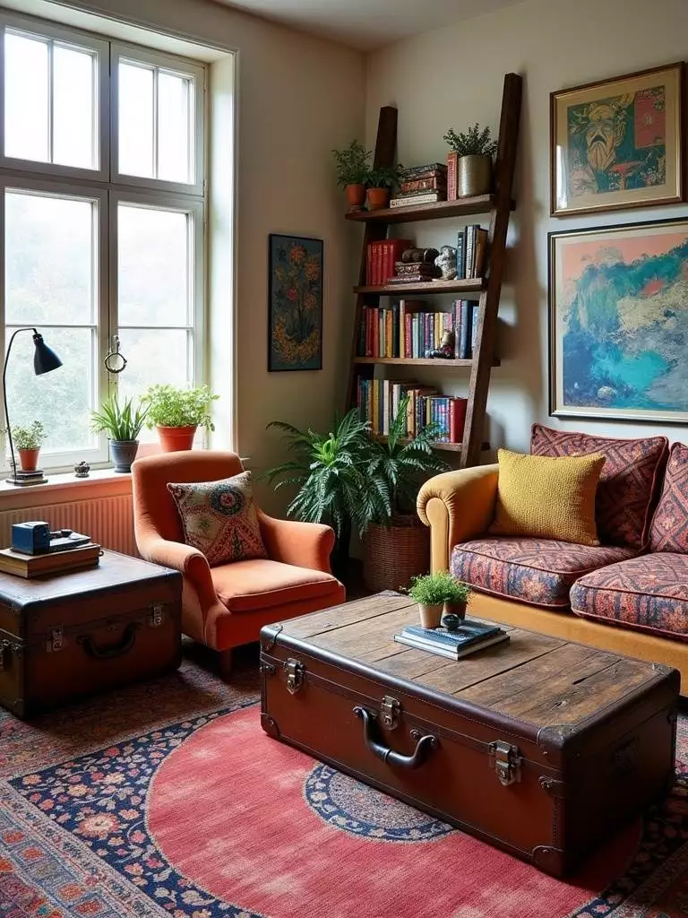 Eclectic living room featuring repurposed vintage suitcase side table and ladder bookshelf.
