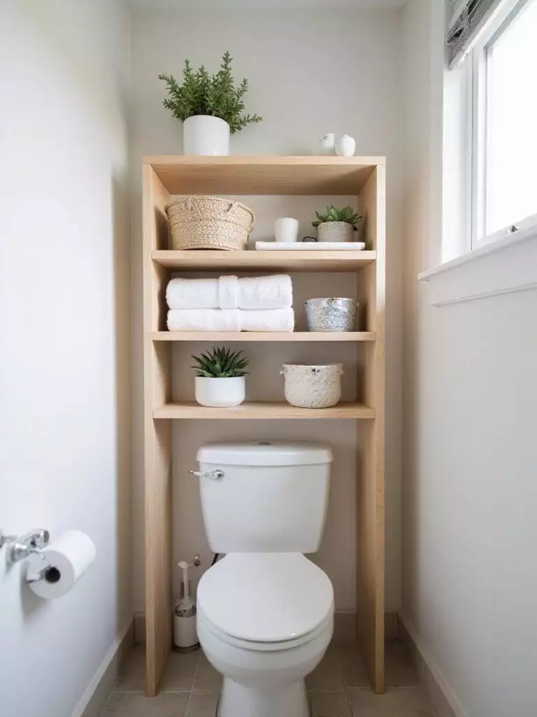 No-drill over-toilet shelf in a small apartment bathroom, maximizing storage space without damaging walls.