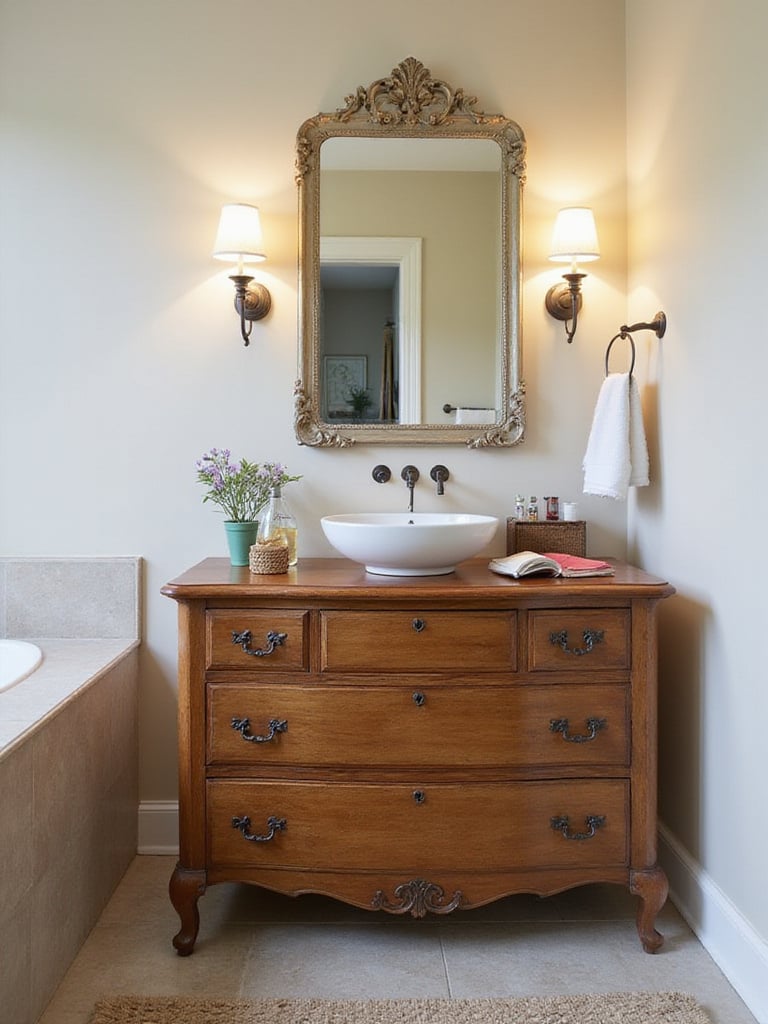 Bathroom remodel featuring repurposed antique dresser as vanity with vessel sink.