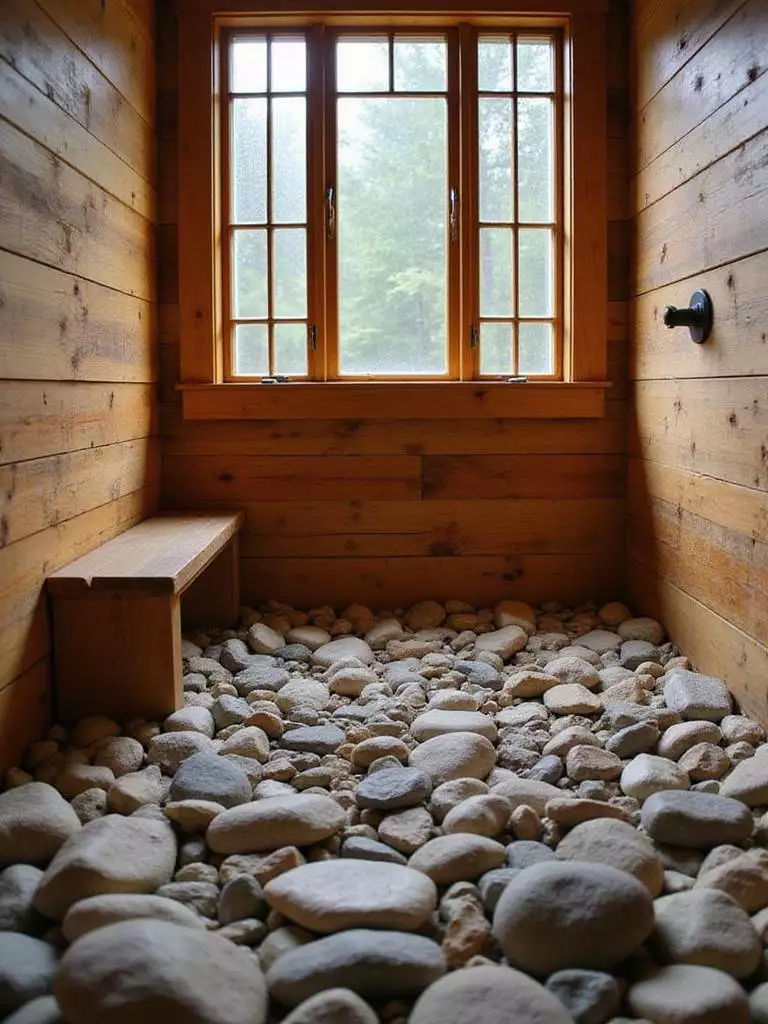 Rustic bathroom with river rock shower floor