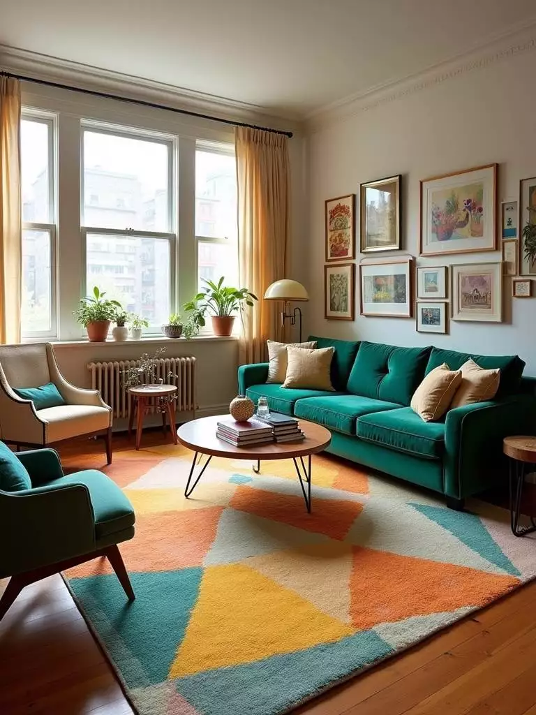 Eclectic living room with a bold geometric statement rug anchoring the seating area.