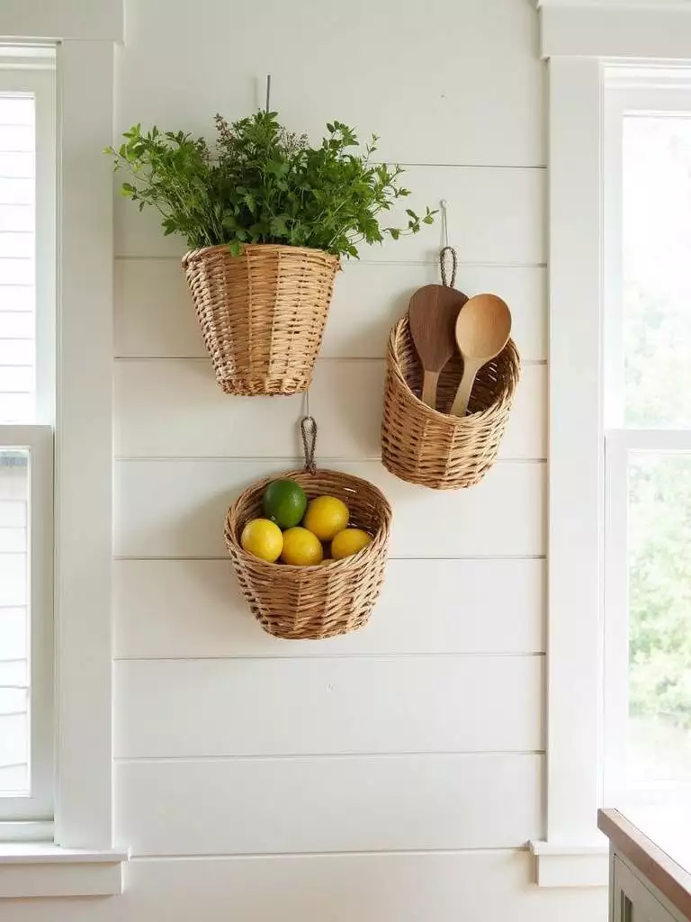 Rustic kitchen wall decor featuring woven hanging baskets with herbs, fruit, and utensils.