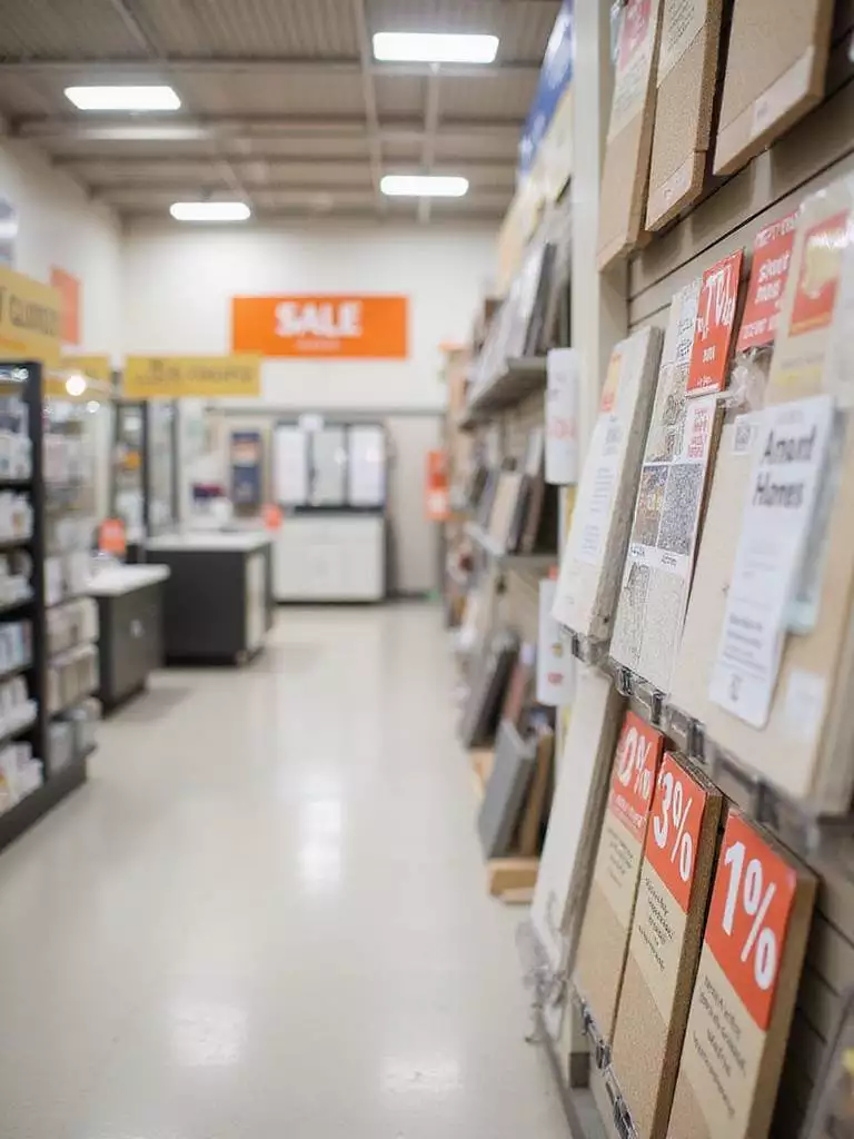 Sale signs and discount stickers on bathroom tile displays in a home improvement store
