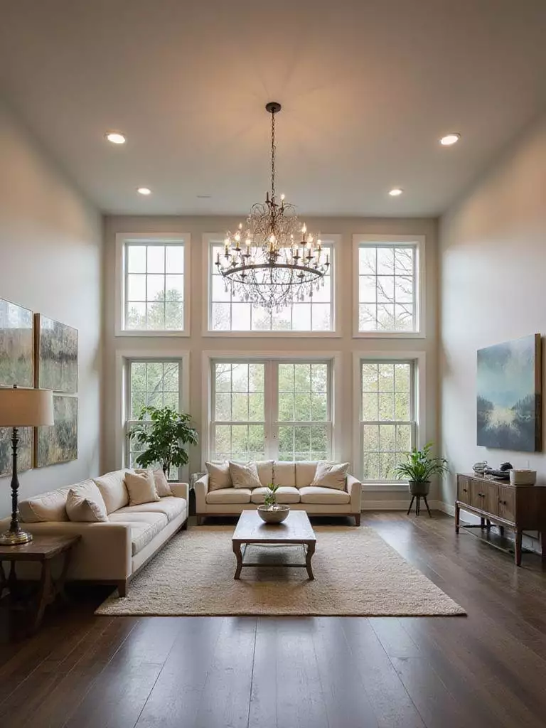 Living room with a proportionally sized chandelier providing ambient light.