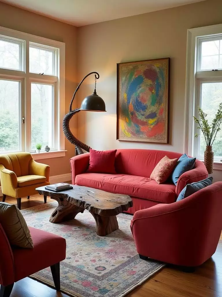 Eclectic living room with sculptural furniture, including a curved sofa and reclaimed wood coffee table, creating an artistic and inviting space.