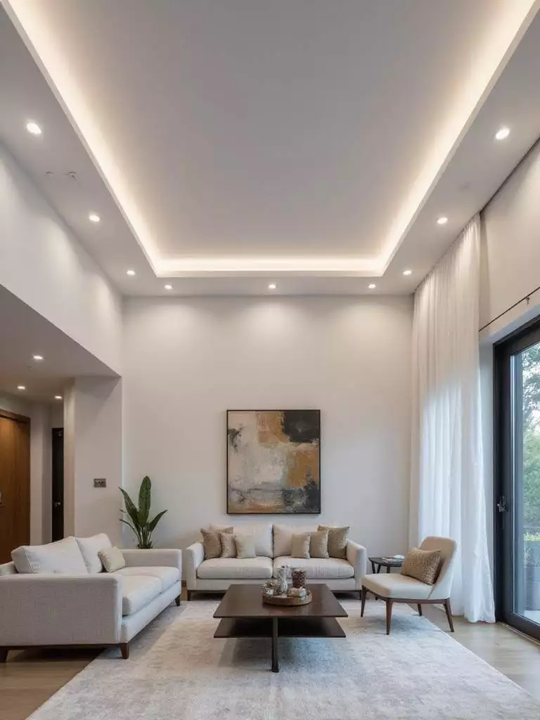 Modern living room with seamless recessed lighting providing ambient illumination.