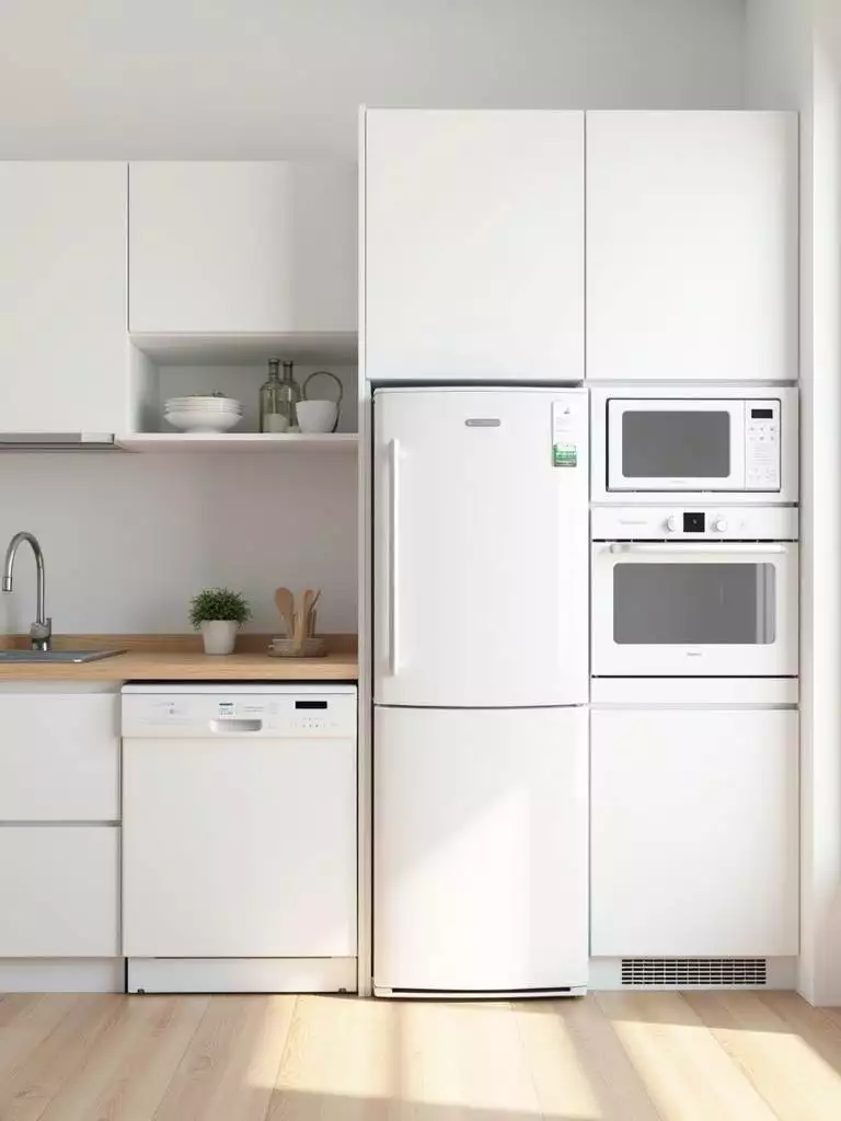 Small kitchen with integrated refrigerator, dishwasher, oven, and microwave, creating a streamlined and spacious design.