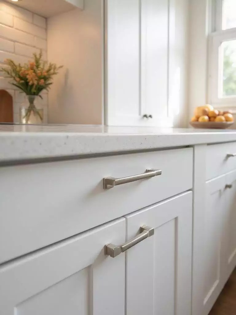 Brushed nickel cabinet pulls on light gray kitchen cabinets in a modern small kitchen