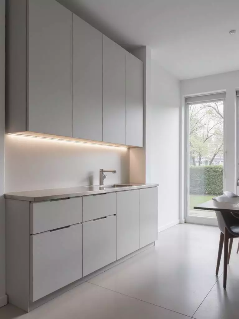 Modern small kitchen with sleek, handle-less gray cabinets and stainless steel countertop.