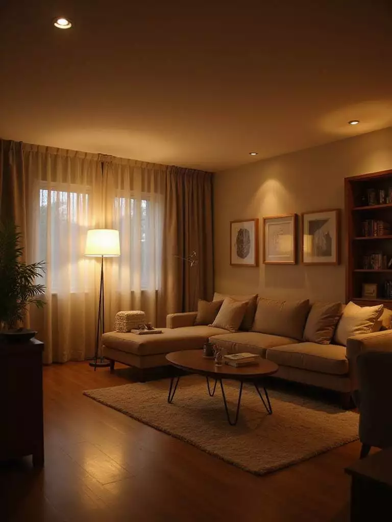 Living room interior with soft, dimmable lighting creating a cozy and inviting atmosphere.