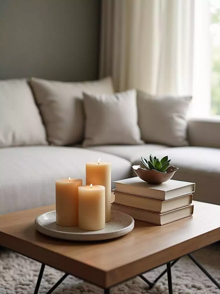 Coffee table styling showcasing a mix of shapes for visual interest, including rectangular books, a round tray, and an organically shaped bowl.