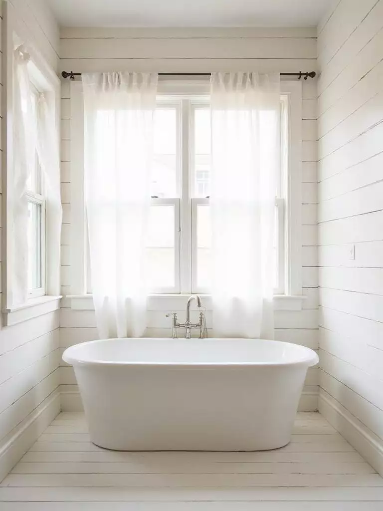 Coastal bathroom with off-white shiplap walls and freestanding bathtub