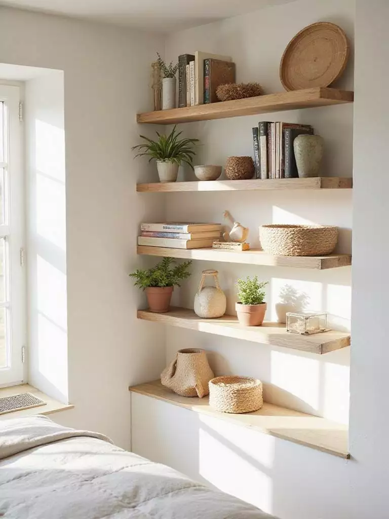 Farmhouse bedroom with open shelving displaying vintage books, plants, and woven baskets.