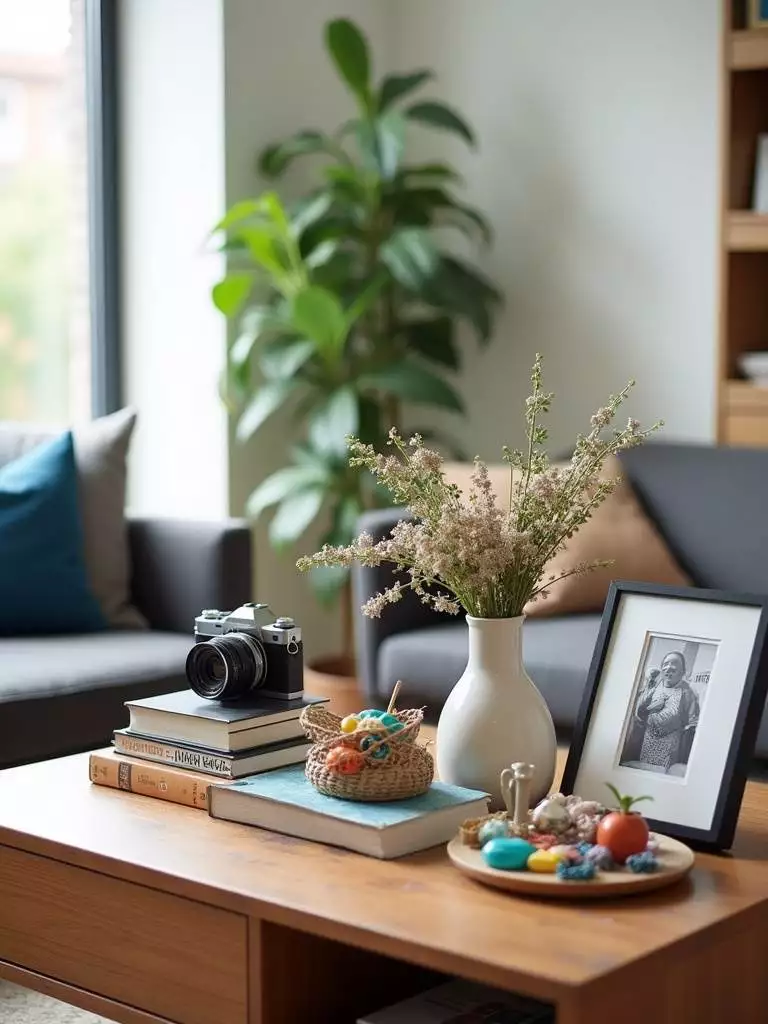 Coffee table styled with personal objects, including a vintage camera, books, and travel souvenirs.