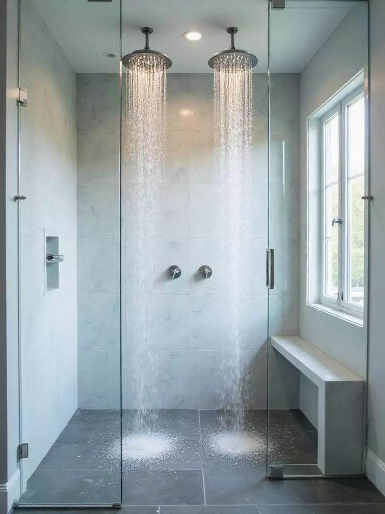 Modern bathroom shower with dual rainfall shower heads and marble tile
