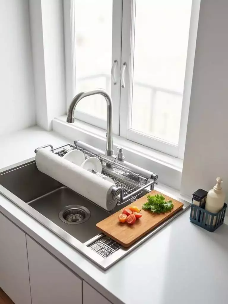 Small kitchen sink with roll-up drying rack, over-the-sink cutting board, and sink caddy for efficient space utilization.