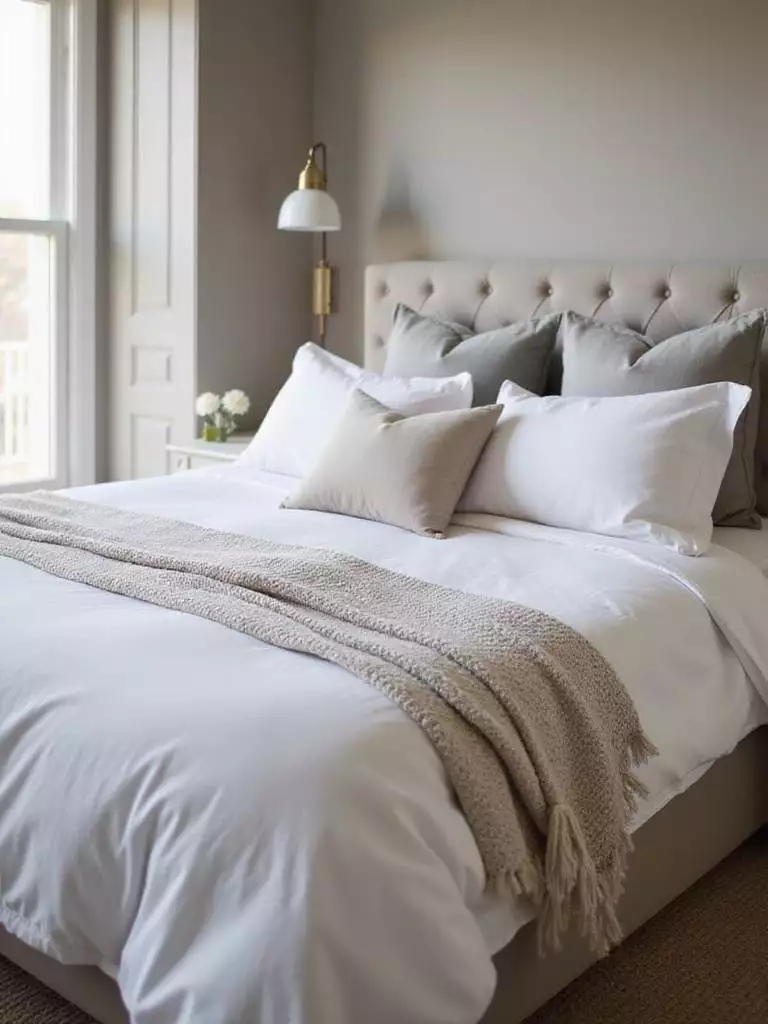 Luxurious bedroom bedding with linen sheets and down duvet.