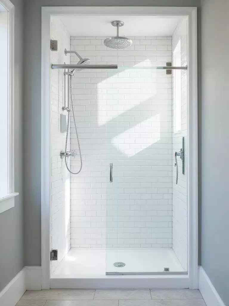 Space-saving frameless sliding shower door in a modern bathroom.